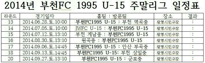 경기일정.jpg : 부천FC 1995 U15 2014년 경기서부 지역 경기 일정입니다